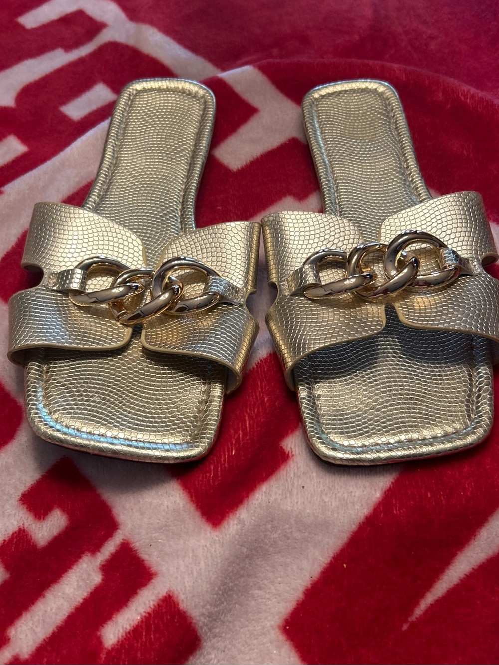 Chain-Detail Metallic Slide Sandals in Gold